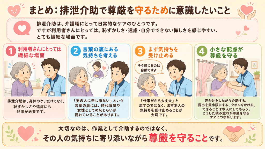 まとめ：排泄介助で尊厳を守るために意識したいこと
